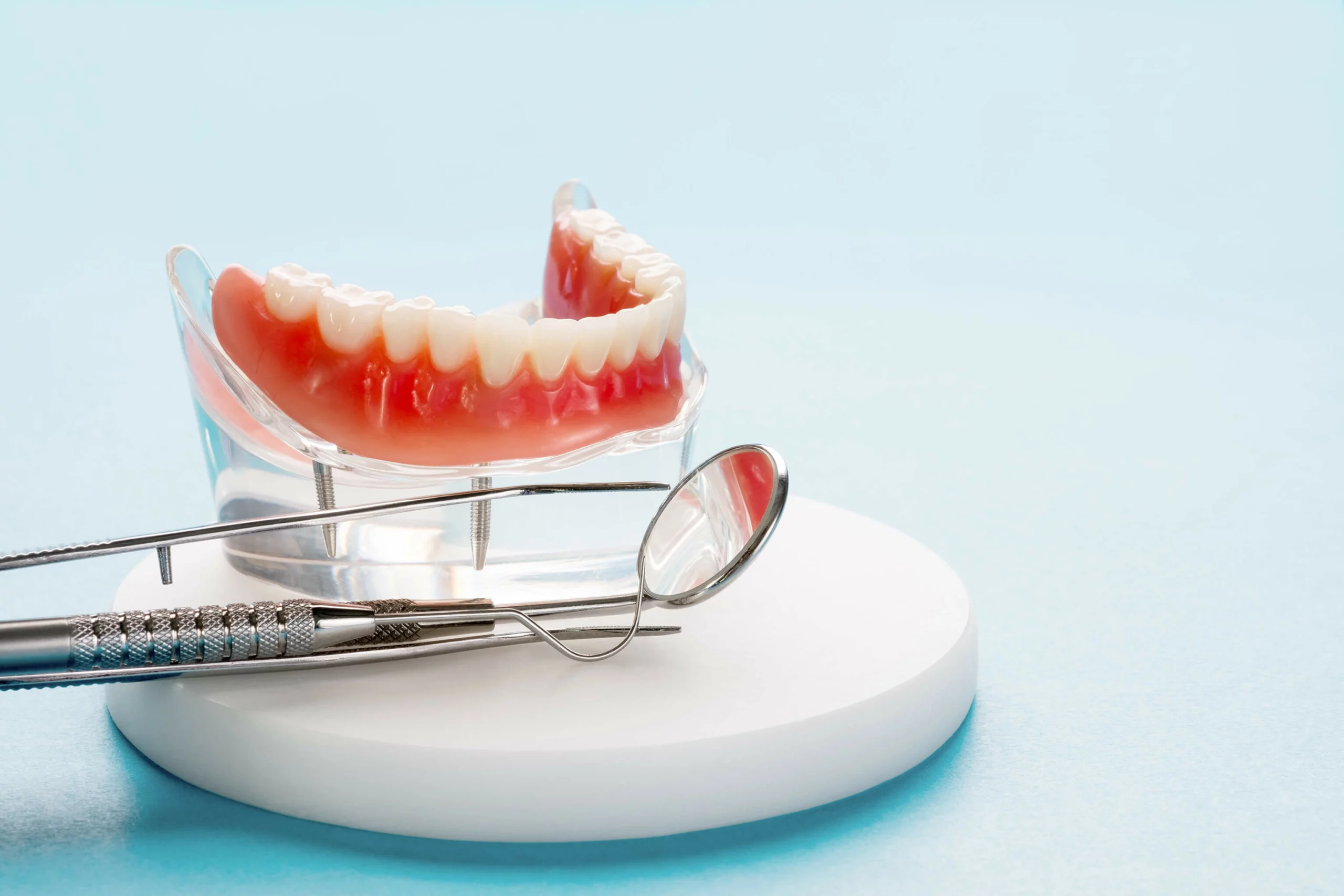 Full lower denture on display with an examination kit